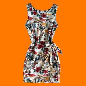 90's vintage tropical print sleeveless faux wrap bodycon mini dress SMALL